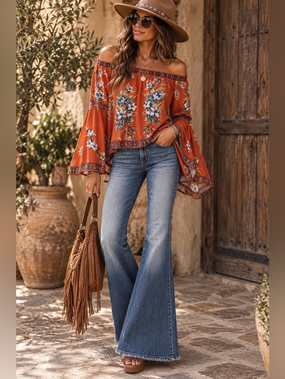 10. Jealous Tomato Women's Rust Floral Off-Shoulder Top  size L